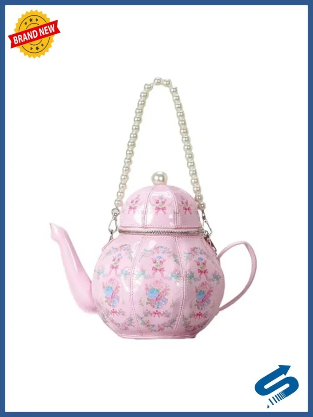 Teapot Shaped Crossbody Bag for Women | PU Leather Floral Purse with Pearl Chain